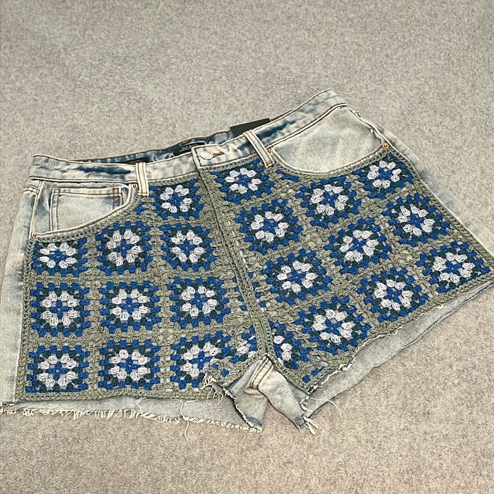 Funky Boho Granny Square Denim Cutoff Shorts 14 Coastal Festival Indie Crochet